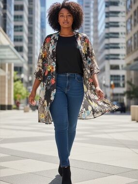 Ali Miles sheer cardigan. Size Petite Large.  Multicolored florals on bl…